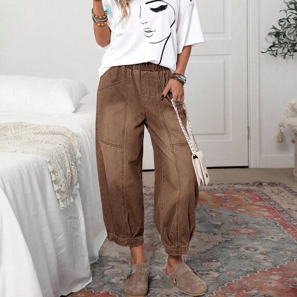 Coffee Brown Casual Women's Elastic Waist Loose Tapered Jeans - Picture 2 of 6